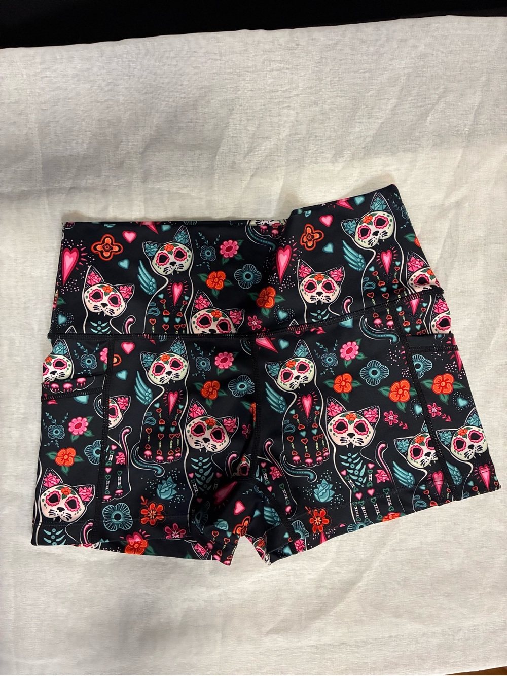 Constantly Varied Gear Black Floral Sugar Skull Shorts with Pink & Teal Accents